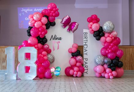Scénographie Ballons thème nœud rose pour fêter des 18 ans, à Chambéry, en Rhône Alpes.