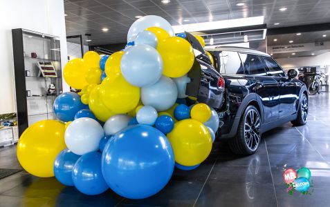 Coffre de voiture rempli de ballons organique pour la concession MINI BMW en Haute Savoie